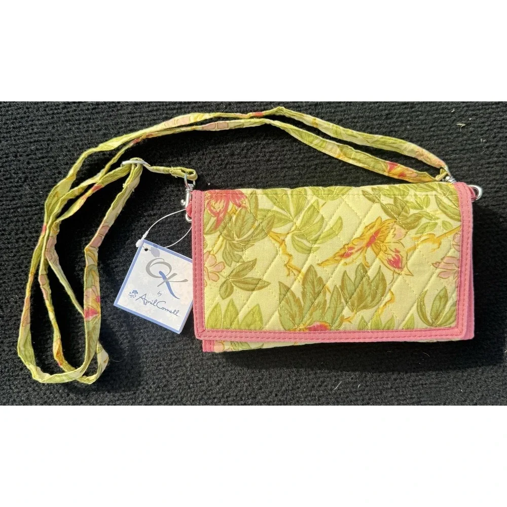 April Cornell Quilted Floral Crossbody Wallet Organizer Purse Pink Green NWT